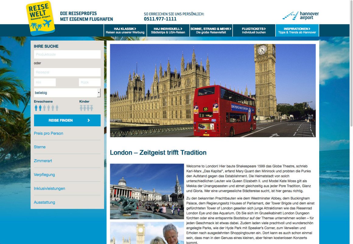 Reisewelt Hannover Airport - Website
